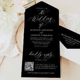 モダンエレガント　ブラック＆ホワイト　カリグラフィーウェディング オールインワン招待状