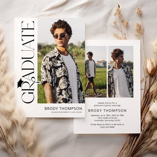 モダンエレガント ブラック＆ホワイト 3 フォト 卒業式 招待状