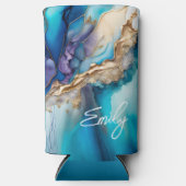 モダンエレガント ブルー ゴールド マーブル 個人名 スリム缶クーラー (正面)