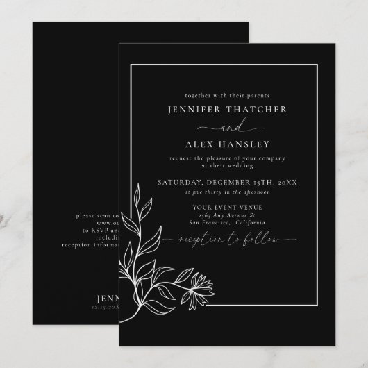 モダンエレガント ボタニカルリーフ QRコード ウェディング イン 招待状 (正面/裏面)