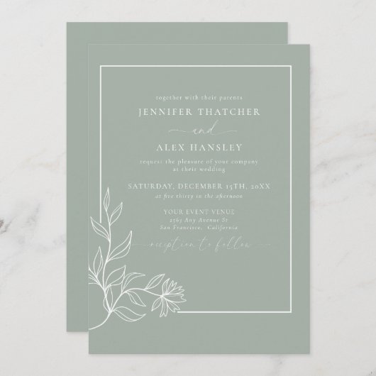 モダンエレガント ボタニカルリーフ QRコード ウェディング イン 招待状 (正面/裏面)