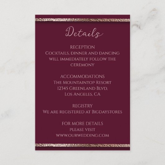 モダンエレガント ローズゴールド グリッター & バーガンディ エンクロージャーカード (正面)