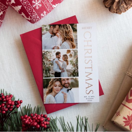 モダンエレガント | 3枚の写真 白いクリスマス 箔シーズンカード