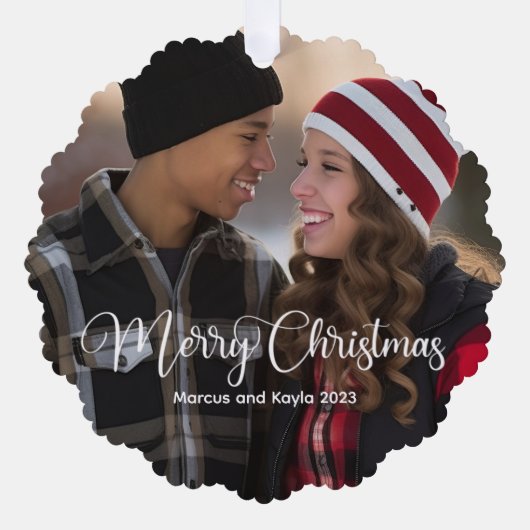 モダンエレガントChristmas White Script Photo Gift オーナメントカード (正面)
