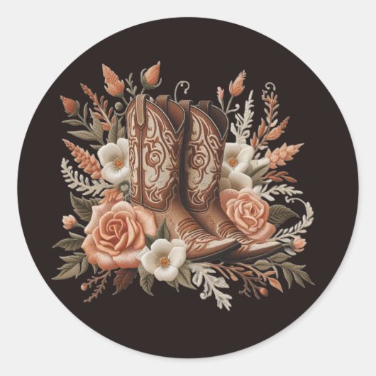 モダンエレガントCountry Western – 花とブーツ ラウンドシール (正面)