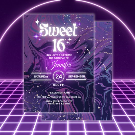 モダンエレガントGlow Sweet 16バースデーパーティー 招待状