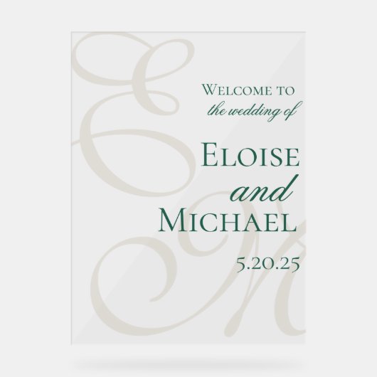 モダンエレガントGreen Monogram結婚 Writhic's アクリルサイン (正面)