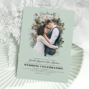 モダンエレガントGreenery Photo Overlay結婚's 招待状