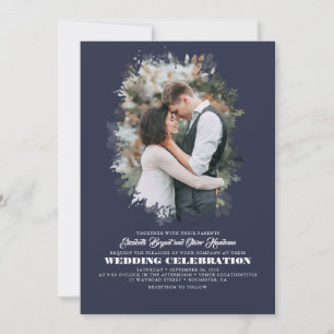 モダンエレガントGreenery Photo Overlay結婚's 招待状