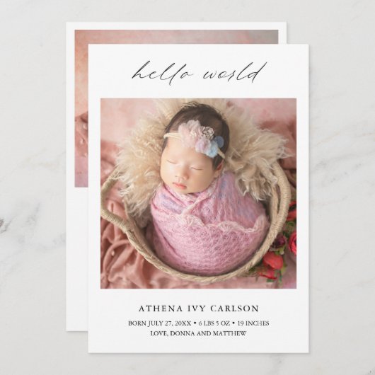 モダンエレガントHello Worldフォトシンプル誕生 案内状 (正面/裏面)