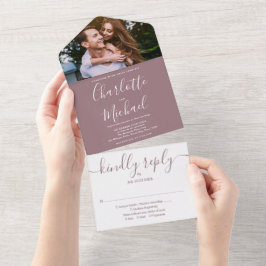 モダンエレガントMauve Script Photo結婚's All オールインワン招待状