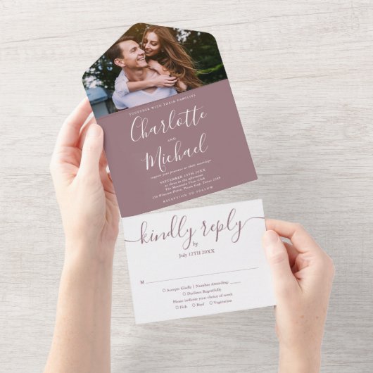 モダンエレガントMauve Script Photo結婚's All オールインワン招待状 (貼ってはがせる)