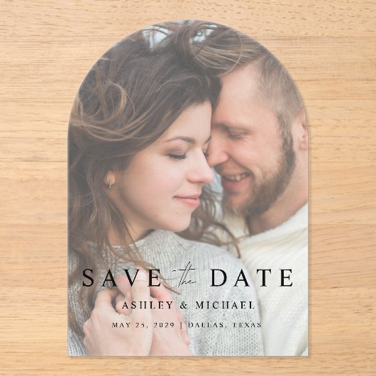 モダンエレガントOverlay Photo Wedding日付の保存 アクリル招待状 (正面)