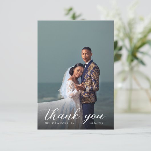 モダンエレガントOverlay Script 2フルフォト結婚ズ サンキューカード (スタンド正面)
