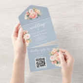 モダンエレガントPeonies Dusty Blue QRコード結婚s オールインワン招待状 (貼ってはがせる)