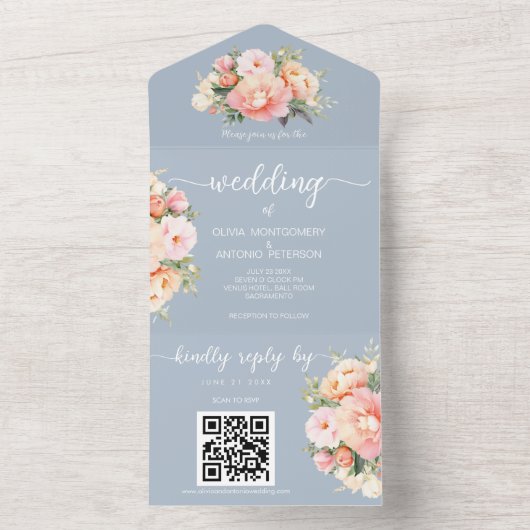 モダンエレガントPeonies Dusty Blue QRコード結婚s オールインワン招待状 (内側)