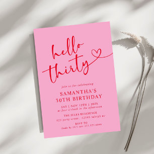 モダンエレガントPink Red Hello 30th Birthdayパーティー 招待状
