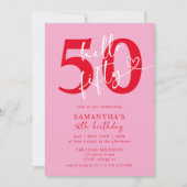 モダンエレガントPink Red Hello 50th Birthday Party 招待状 (正面)
