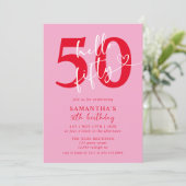 モダンエレガントPink Red Hello 50th Birthday Party 招待状 (スタンド正面)