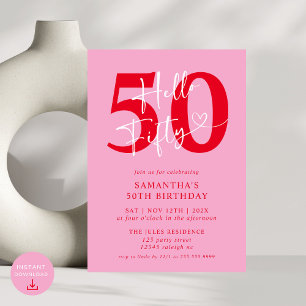 モダンエレガントPink Red Hello 50th Birthday Party 招待状