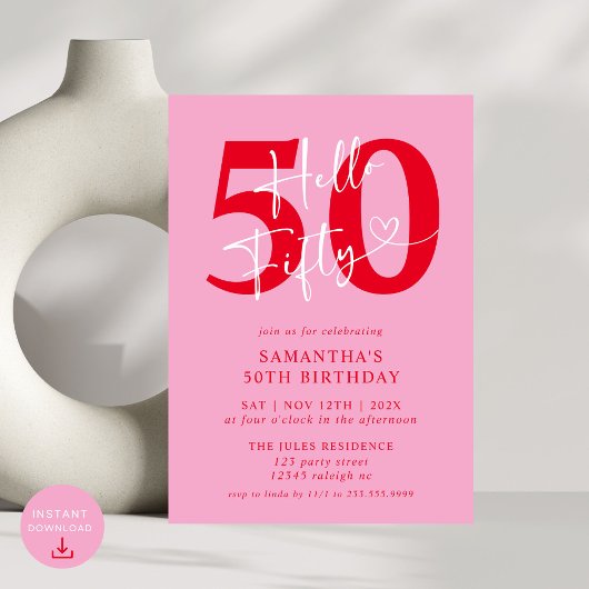 モダンエレガントPink Red Hello 50th Birthday Party 招待状