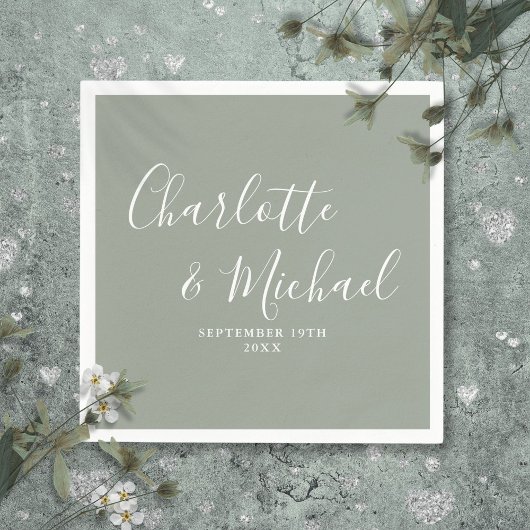 モダンエレガントSage Green Signature結婚 Script スタンダードカクテルナプキン