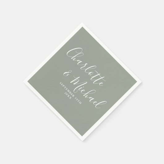 モダンエレガントSage Green Signature結婚 Script スタンダードカクテルナプキン (角)
