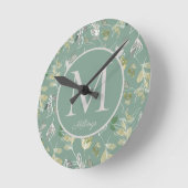 モダンエレガントSage Green Silver 葉 Monogram  ラウンド壁時計 (傾斜)