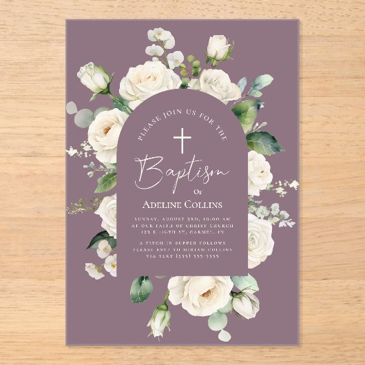 モダンエレガントScript Aged Lavender Baptism アクリル招待状 (正面)