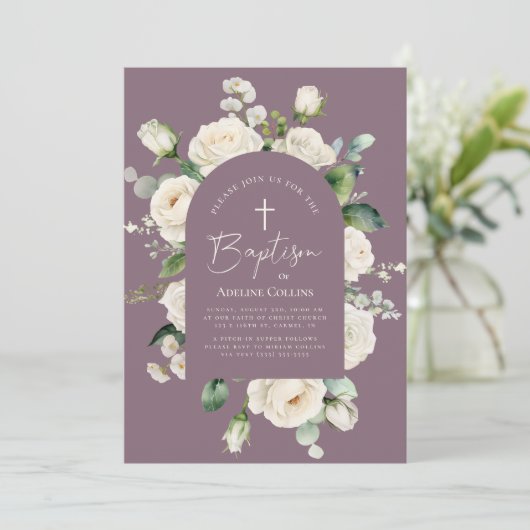 モダンエレガントScript Aged Lavender Baptism 招待状 (スタンド正面)