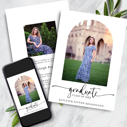 モダンエレガントScript Graduation Arch Photo 案内状