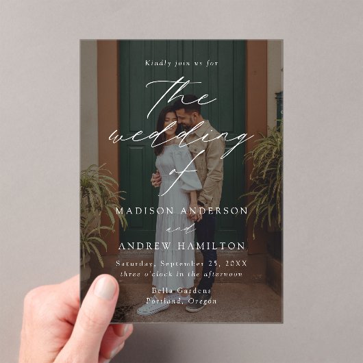 モダンエレガントScript Photo結婚's アクリル招待状 (インサイチュ (ポータブル))