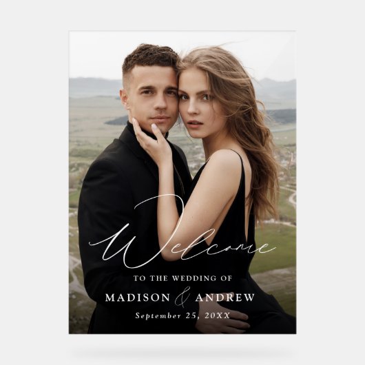 モダンエレガントScript Photo結婚's Welcome アクリルサイン (正面)