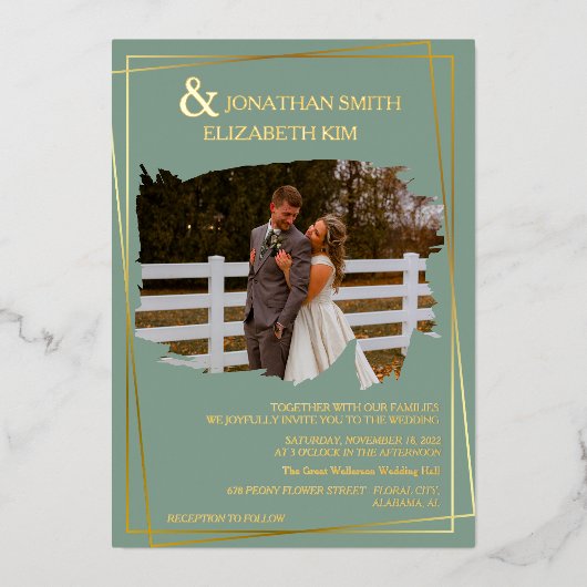 モダンエレガントScript Photo brush Overlay結婚's 箔招待状 (正面)