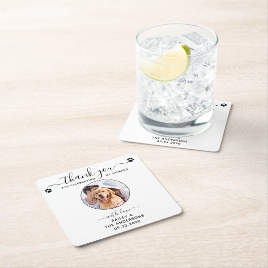 モダンエレガントScript Thank You Photo Pet 結婚's スクエアペーパーコースター (インサイチュ)