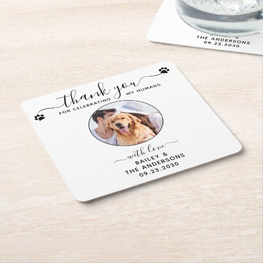 モダンエレガントScript Thank You Photo Pet 結婚's スクエアペーパーコースター (アングル)