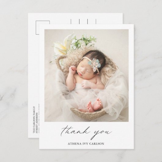 モダンエレガントThank You写真シンプル誕生 案内ポストカード (正面/裏面)