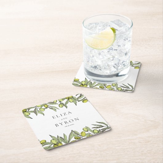 モダンオリーブ結婚枝 スクエアペーパーコースター (インサイチュ)