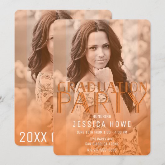 モダンオレンジの卒業パーティー写真 招待状 (正面/裏面)
