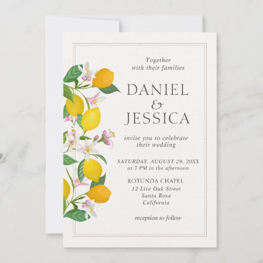 モダンオレンジの柑橘類の花の結婚水色 招待状 (正面)