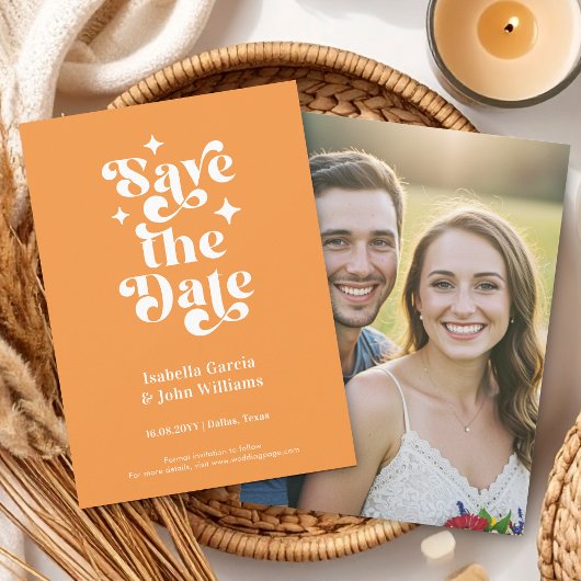モダンオレンジタイポグラフィー写真Save The Date 案内状