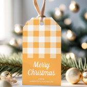 モダンオレンジ色の格子模様のメリークリスマス ギフトタグ