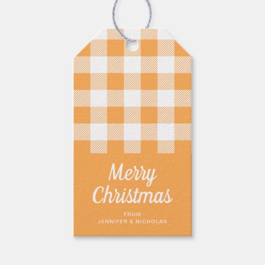 モダンオレンジ色の格子模様のメリークリスマス ギフトタグ (正面)