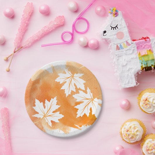 モダンオレンジ色の水色とカエデ葉ラ ペーパープレート (パーティー)