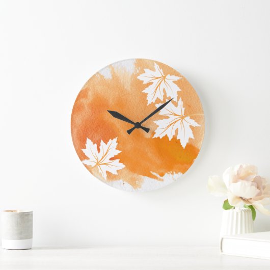 モダンオレンジ色の水色のスプラッシュとカエデ葉ラ ラージ壁時計 (ホーム)