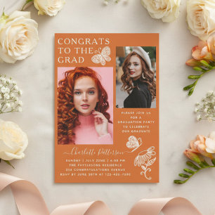 モダンオレンジ蝶々写真卒業パーティー 招待状