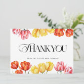 モダンオレンジ ピンクのチューリップ フラワーブライダルシャワー サンキューカード (スタンド正面)