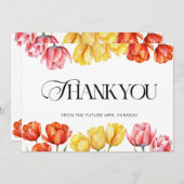 モダンオレンジ ピンクのチューリップ フラワーブライダルシャワー サンキューカード (正面/裏面)