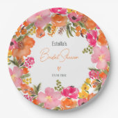 モダンオレンジ ピンク フラワースクリプト ブライダルシャワー ペーパープレート (正面)