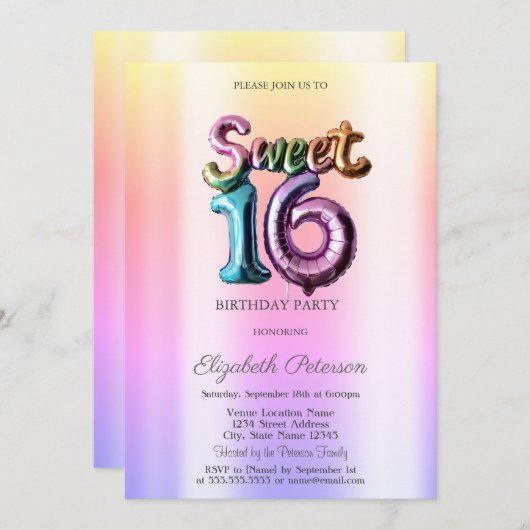 モダンオンブレ ネオン風船 スイート16 招待状 (正面/裏面)